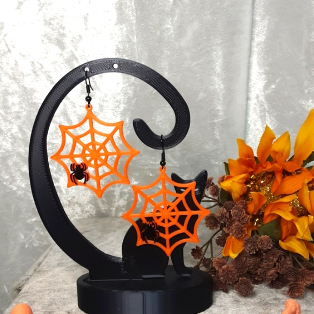 Handmade Earrings 3D Printed Spiderwebs With Crystal Beaded Spiders Orange Black - Picture 6 of 7